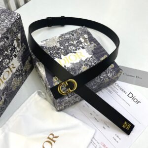 Christian Dior Black Leather Double Ring Gold Buckle Belt