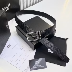 Montblanc Black Silver Embossed Men's Belt