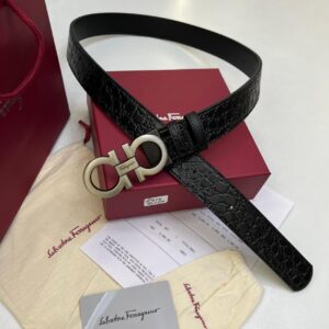 Ferragamo Gancini Croc-Embossed Black Leather Men's Belt