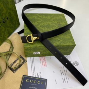 Gucci Horsebit Slim Black Gold Buckle Women's Belt