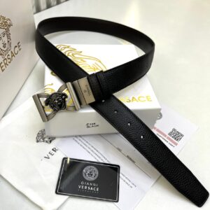 Versace Medusa Black Leather Silver Buckle Men's Belt